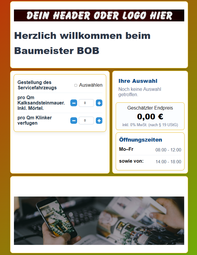 Fertiger Handwerker Preisrechner für die Website mit Endpreisen und direkter Berechnung
